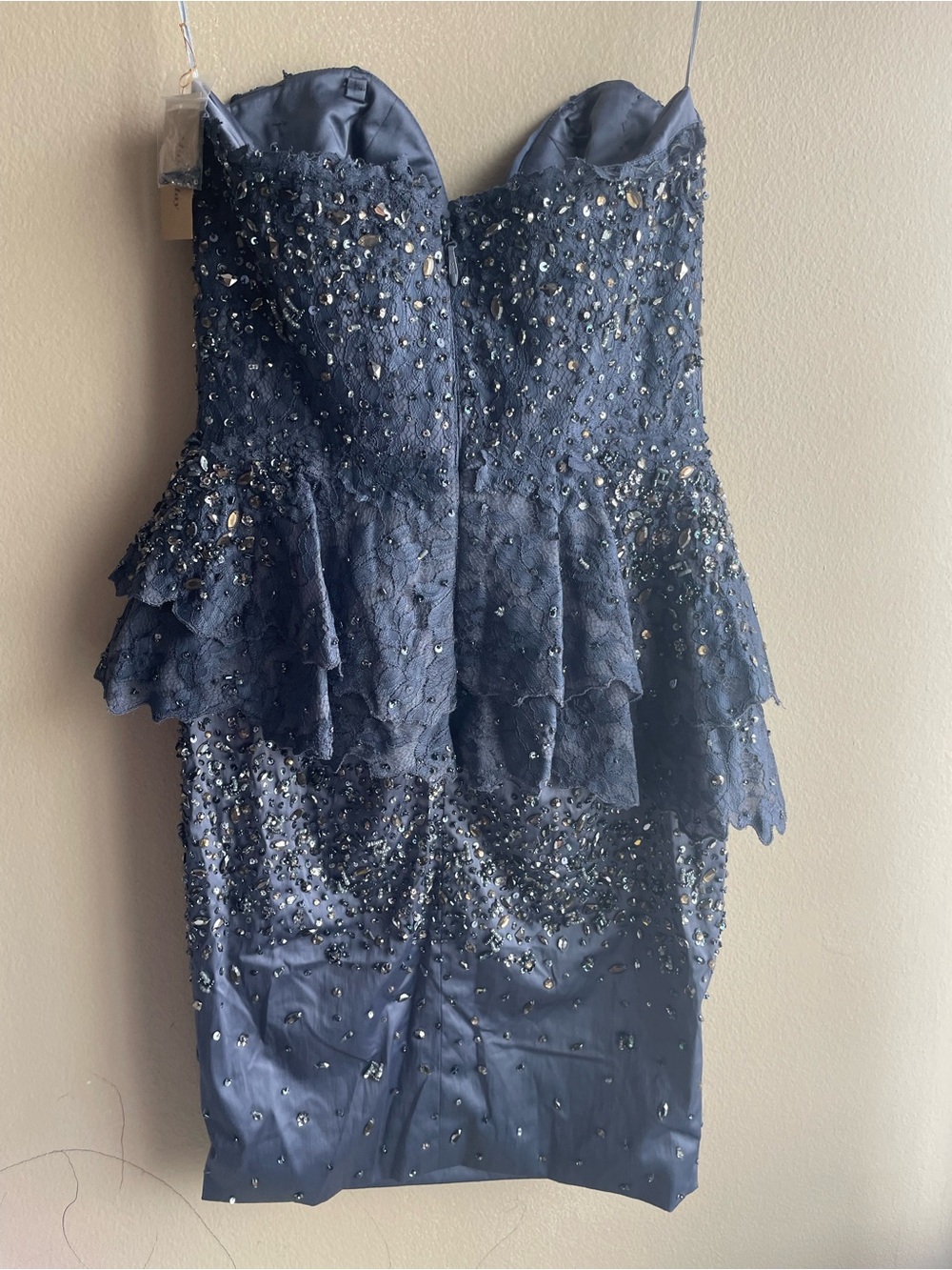 New Mandalay Beaded Strapless Blue Gray Embellished Peplum Cocktail Dress 10 - Picture 7 of 14